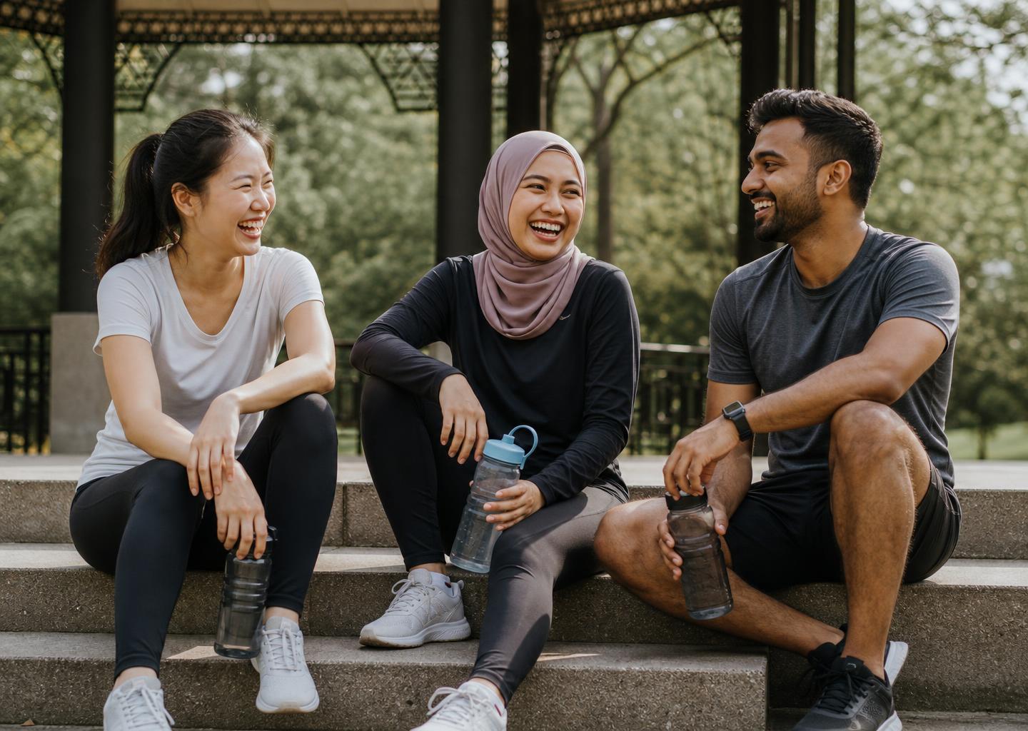 Three young Singaporean friends — two women and one man — laughing together on park pavilion steps after a run